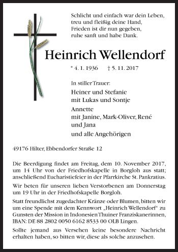 Traueranzeige von Heinrich Wellendorf von Neue Osnabrücker Zeitung GmbH & Co. KG