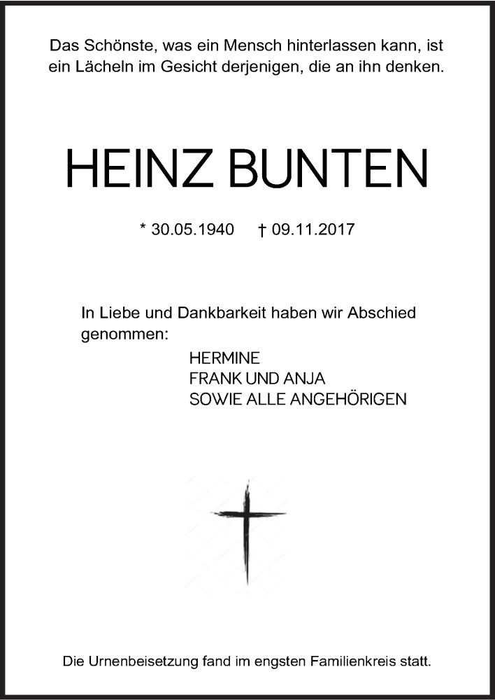  Traueranzeige für Heinz Bunten vom 18.11.2017 aus Neue Osnabrücker Zeitung GmbH & Co. KG