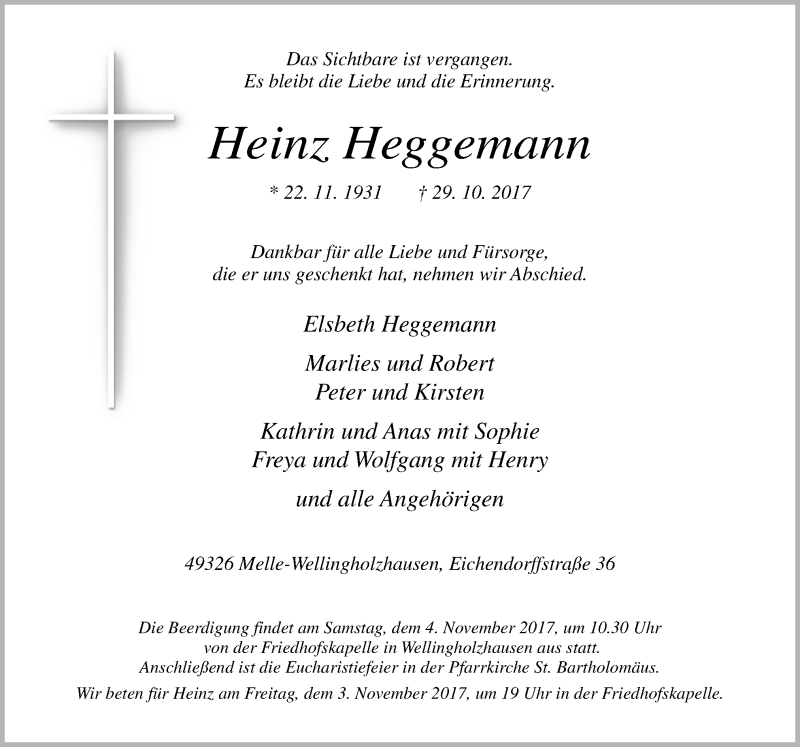  Traueranzeige für Heinz Heggemann vom 01.11.2017 aus Neue Osnabrücker Zeitung GmbH & Co. KG
