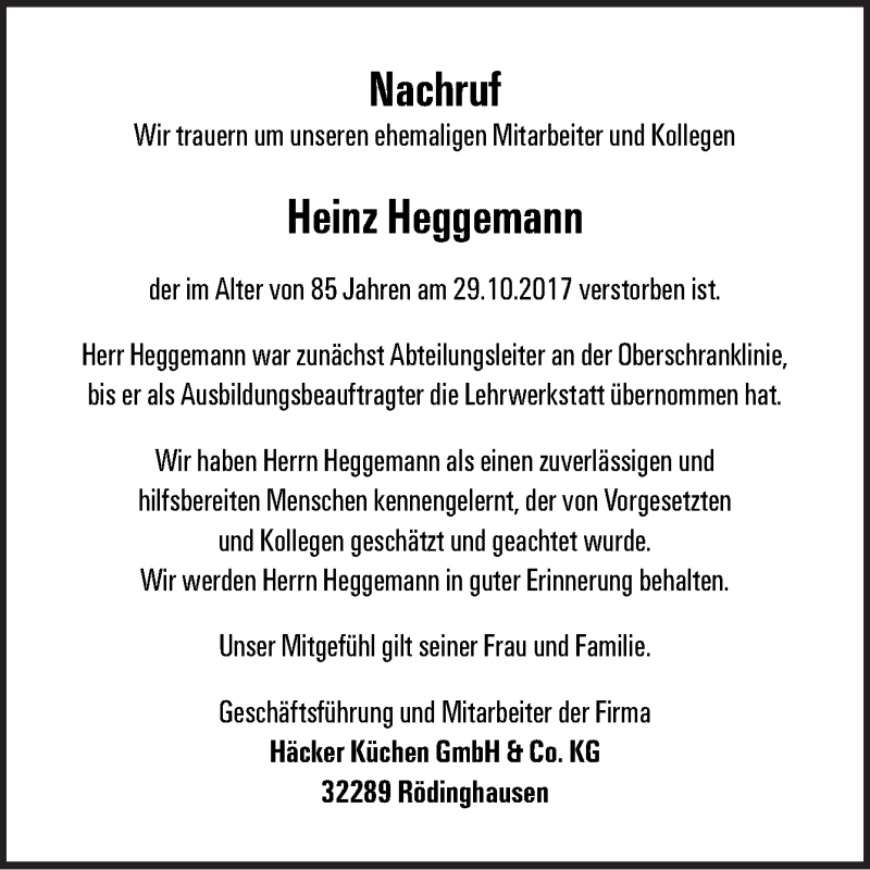  Traueranzeige für Heinz Heggemann vom 08.11.2017 aus Neue Osnabrücker Zeitung GmbH & Co. KG