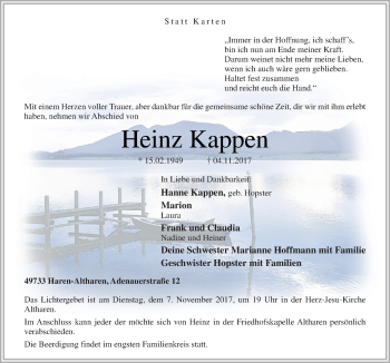 Traueranzeige von Heinz Kappen von Neue Osnabrücker Zeitung GmbH & Co. KG