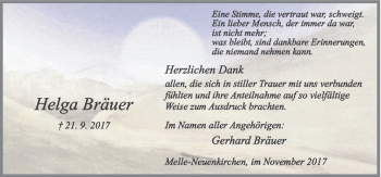 Traueranzeige von Helga Bräuer von Neue Osnabrücker Zeitung GmbH & Co. KG