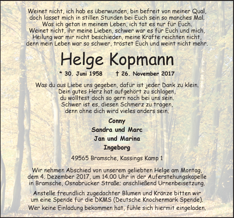  Traueranzeige für Helge Kopmann vom 30.11.2017 aus Neue Osnabrücker Zeitung GmbH & Co. KG