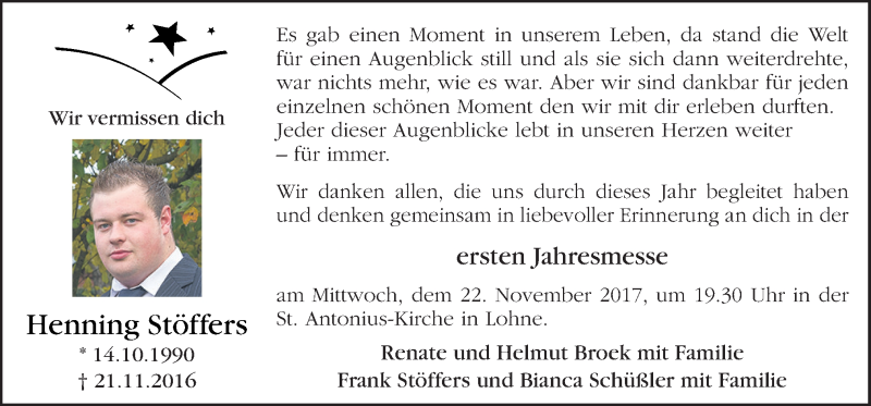  Traueranzeige für Henning Stöffers vom 18.11.2017 aus Neue Osnabrücker Zeitung GmbH & Co. KG
