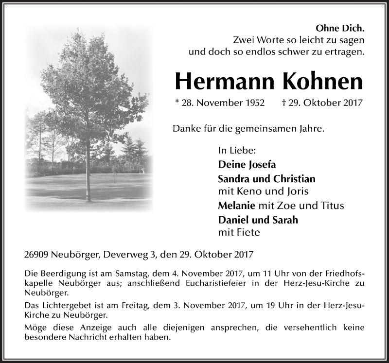  Traueranzeige für Hermann Kohnen vom 01.11.2017 aus Neue Osnabrücker Zeitung GmbH & Co. KG