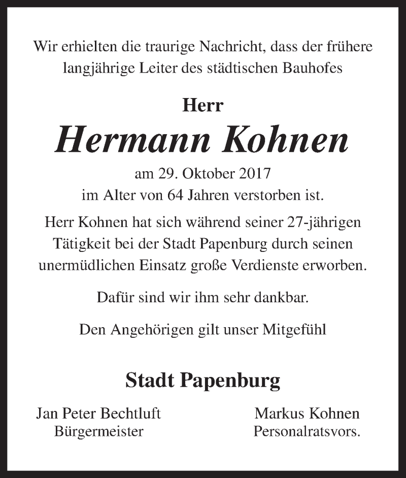 Traueranzeige für Hermann Kohnen vom 02.11.2017 aus Neue Osnabrücker Zeitung GmbH & Co. KG