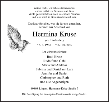 Traueranzeige von Hermina Kruse von Neue Osnabrücker Zeitung GmbH & Co. KG