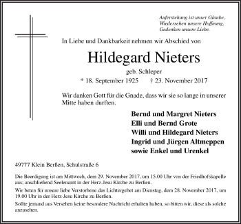 Traueranzeige von Hildegard Nieters von Neue Osnabrücker Zeitung GmbH & Co. KG