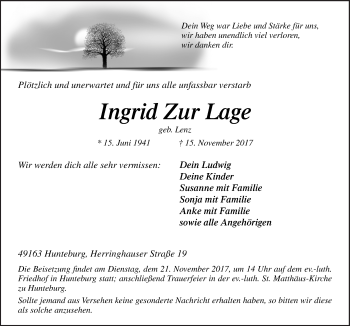 Traueranzeige von Ingrid  Zur Lage von Neue Osnabrücker Zeitung GmbH & Co. KG