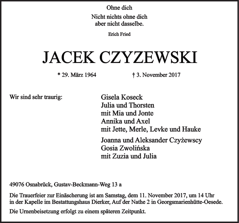  Traueranzeige für Jacek Czyzewski vom 07.11.2017 aus Neue Osnabrücker Zeitung GmbH & Co. KG