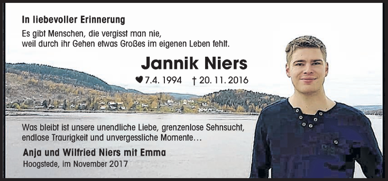  Traueranzeige für Jannik Niers vom 20.11.2017 aus Neue Osnabrücker Zeitung GmbH & Co. KG
