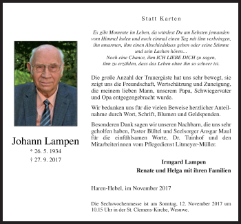 Traueranzeige von Johann Lampen von Neue Osnabrücker Zeitung GmbH & Co. KG