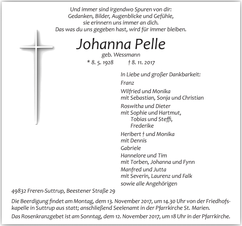  Traueranzeige für Johanna Pelle vom 10.11.2017 aus Neue Osnabrücker Zeitung GmbH & Co. KG