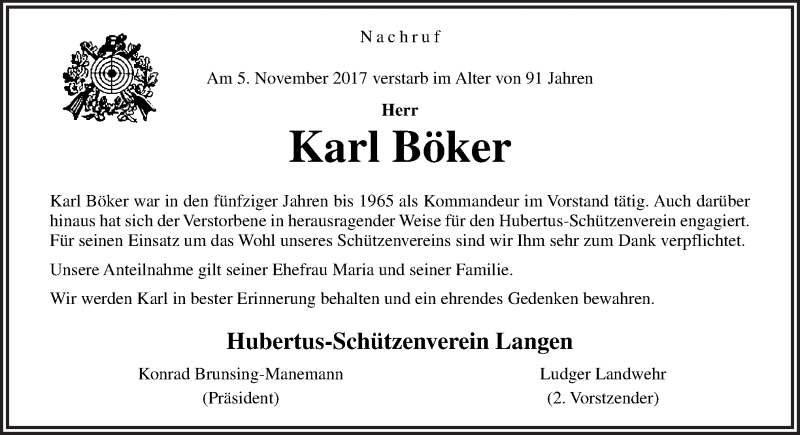  Traueranzeige für Karl Böker vom 09.11.2017 aus Neue Osnabrücker Zeitung GmbH & Co. KG