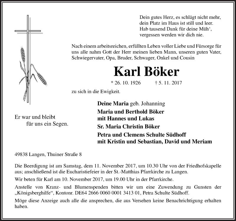  Traueranzeige für Karl Böker vom 07.11.2017 aus Neue Osnabrücker Zeitung GmbH & Co. KG