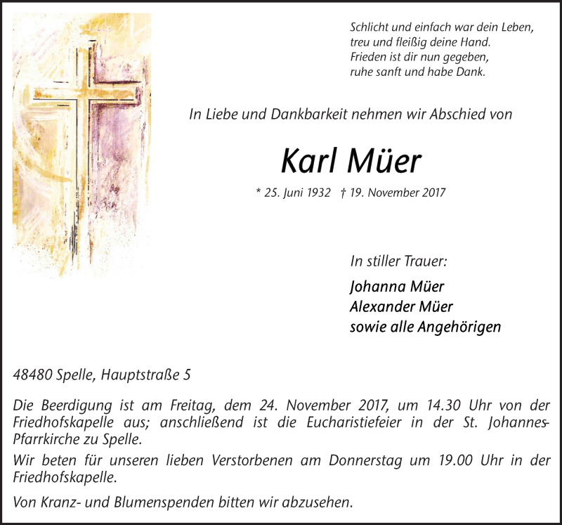  Traueranzeige für Karl Müer vom 21.11.2017 aus Neue Osnabrücker Zeitung GmbH & Co. KG