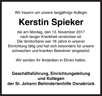 Traueranzeige von Kerstin Spieker von Neue Osnabrücker Zeitung GmbH & Co. KG