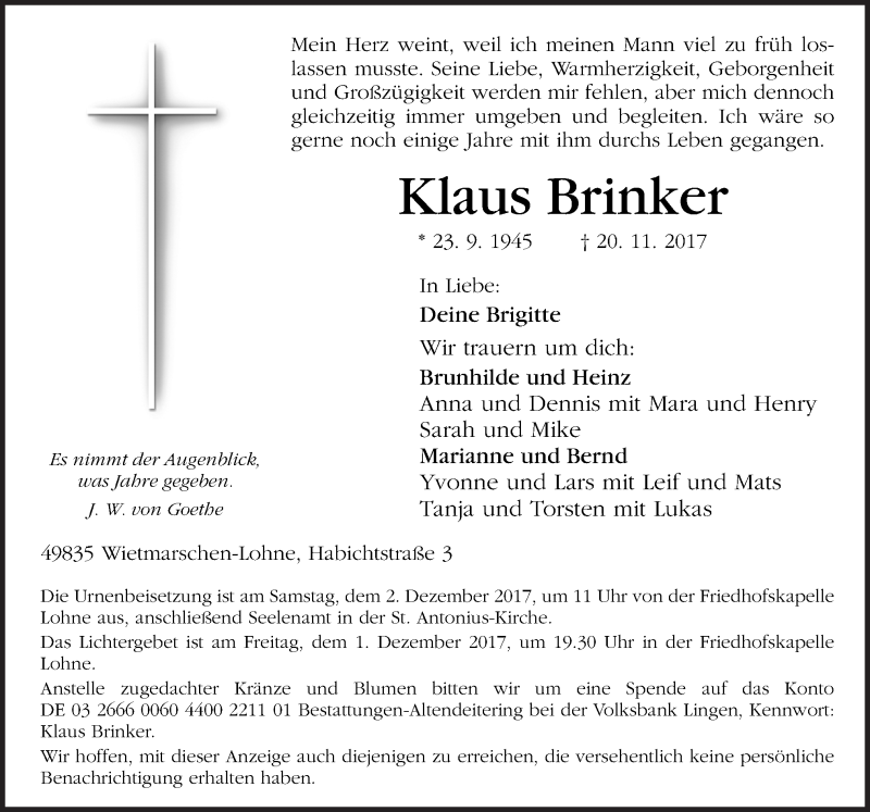  Traueranzeige für Klaus Brinker vom 29.11.2017 aus Neue Osnabrücker Zeitung GmbH & Co. KG