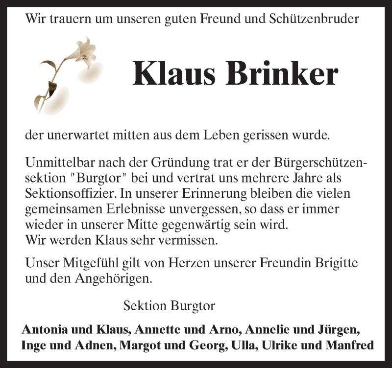  Traueranzeige für Klaus Brinker vom 30.11.2017 aus Neue Osnabrücker Zeitung GmbH & Co. KG