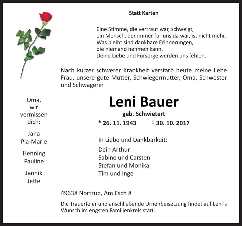  Traueranzeige für Leni Bauer vom 04.11.2017 aus Neue Osnabrücker Zeitung GmbH & Co. KG