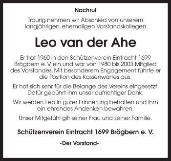 Traueranzeige von Leo van der Ahe von Neue Osnabrücker Zeitung GmbH & Co. KG