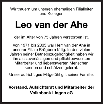 Traueranzeige von Leo van der Ahe von Neue Osnabrücker Zeitung GmbH & Co. KG