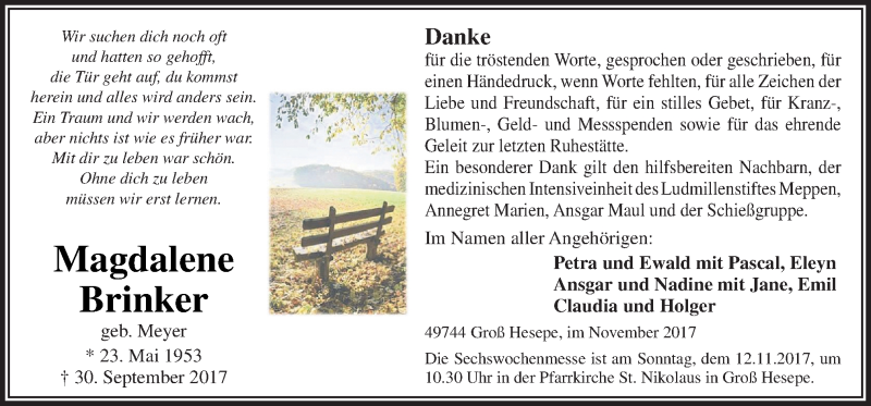  Traueranzeige für Magdalene Brinker vom 08.11.2017 aus Neue Osnabrücker Zeitung GmbH & Co. KG