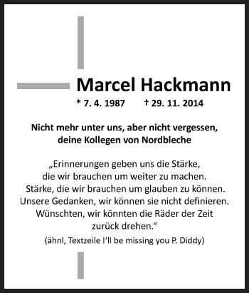 Traueranzeige von Marcel Hackmann von Neue Osnabrücker Zeitung GmbH & Co. KG