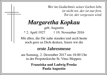 Traueranzeige von Margaretha Kopkau von Neue Osnabrücker Zeitung GmbH & Co. KG