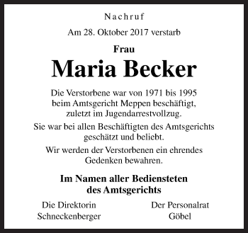 Traueranzeige von Maria Becker von Neue Osnabrücker Zeitung GmbH & Co. KG