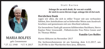 Traueranzeige von Maria Rolfes von Neue Osnabrücker Zeitung GmbH & Co. KG