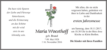 Traueranzeige von Maria Woesthoff von Neue Osnabrücker Zeitung GmbH & Co. KG