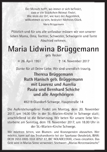 Traueranzeige von Maria Lidwina Brüggemann von Neue Osnabrücker Zeitung GmbH & Co. KG