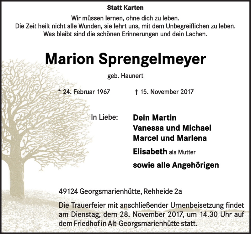  Traueranzeige für Marion Sprengelmeyer vom 22.11.2017 aus Neue Osnabrücker Zeitung GmbH & Co. KG