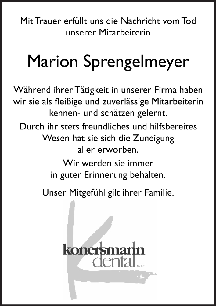  Traueranzeige für Marion Sprengelmeyer vom 25.11.2017 aus Neue Osnabrücker Zeitung GmbH & Co. KG