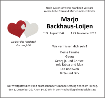 Traueranzeige von Marjo Backhaus-Loijen von Neue Osnabrücker Zeitung GmbH & Co. KG