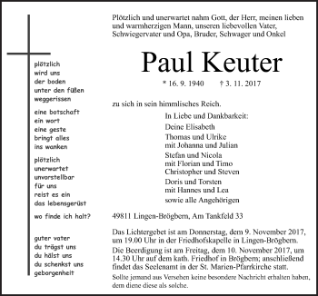 Traueranzeige von Paul Keuter von Neue Osnabrücker Zeitung GmbH & Co. KG