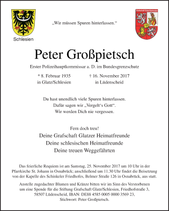 Traueranzeige von Peter Großpietsch von Neue Osnabrücker Zeitung GmbH & Co. KG