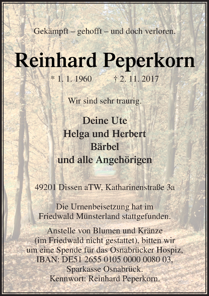  Traueranzeige für Reinhard Peperkorn vom 13.11.2017 aus Neue Osnabrücker Zeitung GmbH & Co. KG
