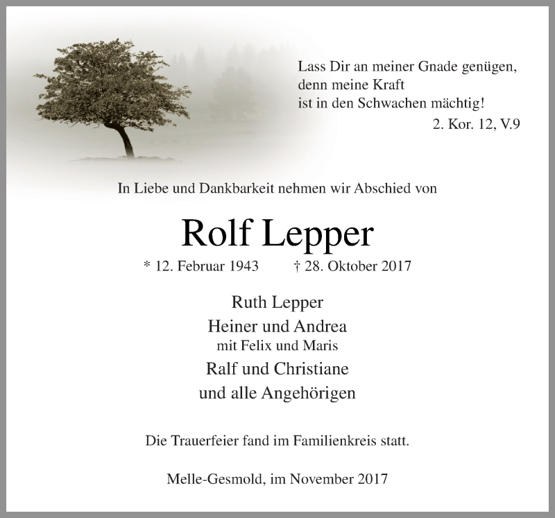  Traueranzeige für Rolf Lepper vom 04.11.2017 aus Neue Osnabrücker Zeitung GmbH & Co. KG