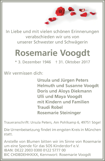 Traueranzeige von Rosemarie Voogdt von Neue Osnabrücker Zeitung GmbH & Co. KG