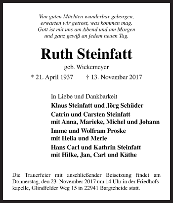 Traueranzeige von Ruth Steinfatt von Neue Osnabrücker Zeitung GmbH & Co. KG