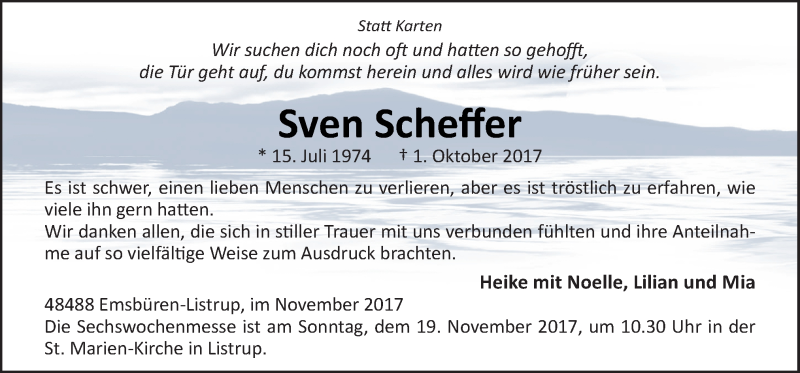  Traueranzeige für Sven Scheffer vom 15.11.2017 aus Neue Osnabrücker Zeitung GmbH & Co. KG