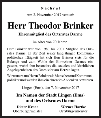 Traueranzeige von Theodor Brinker von Neue Osnabrücker Zeitung GmbH & Co. KG