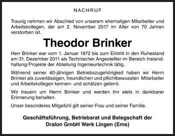 Traueranzeige von Theodor Brinker von Neue Osnabrücker Zeitung GmbH & Co. KG