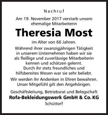 Traueranzeige von Theresia Most von Neue Osnabrücker Zeitung GmbH & Co. KG