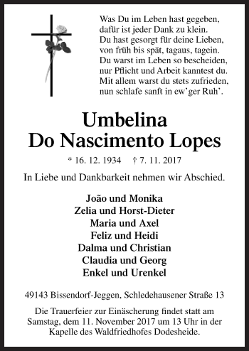 Traueranzeige von Umbelina Do Nascimento Lopes von Neue Osnabrücker Zeitung GmbH & Co. KG