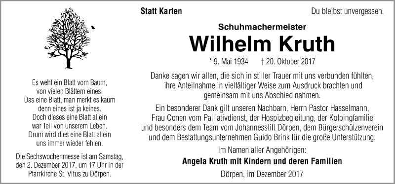  Traueranzeige für Wilhelm Kruth vom 30.11.2017 aus Neue Osnabrücker Zeitung GmbH & Co. KG