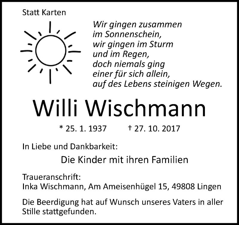  Traueranzeige für Willi Wischmann vom 09.11.2017 aus Neue Osnabrücker Zeitung GmbH & Co. KG