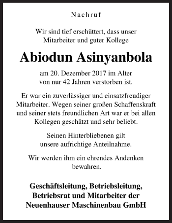 Traueranzeige von Abiodun Asinyanbola von Neue Osnabrücker Zeitung GmbH & Co. KG